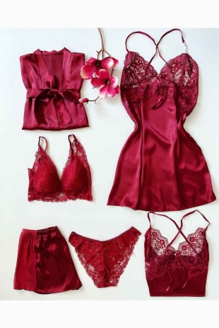 Bordo 6 lı sabahlıklı çeyizlik set 6114 - ÇeyizeDairHerşey