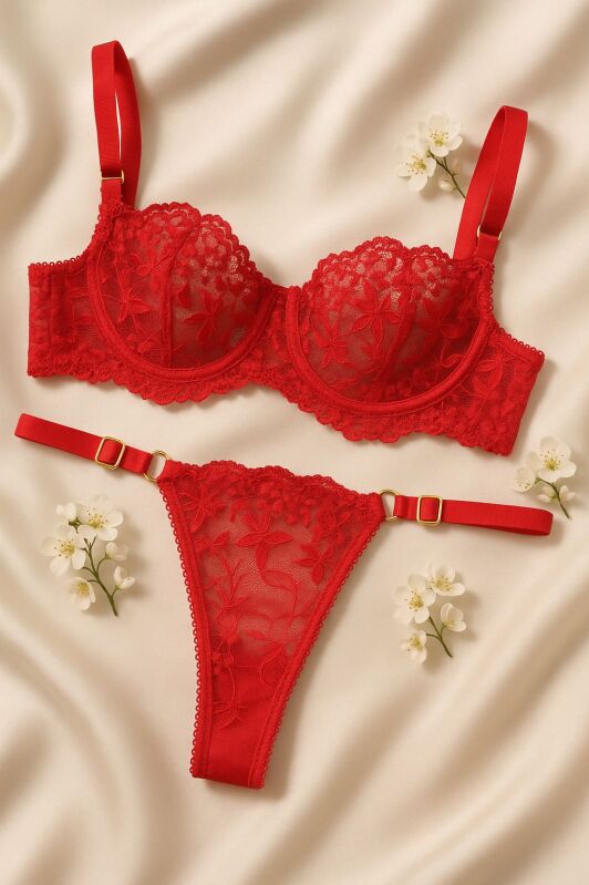 Red Desire Çiçek Desenli Dantel Sütyen Takımı - 1