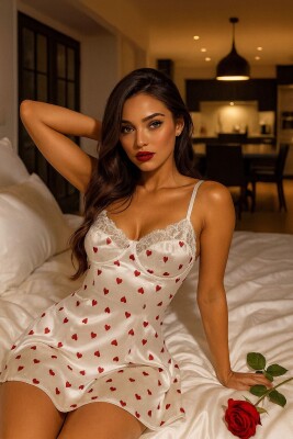  Romantic Bloom Kırmızı Kalp Desenli Dantel Detaylı Saten Gecelik 6988 - ÇeyizeDairHerşey