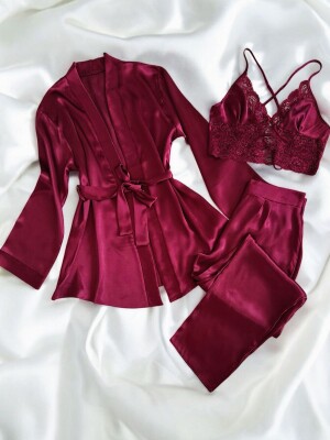 Rosabella 3 lü Bordo Kadın Saten Gecelik Sabahlık Çeyiz Seti 6930 - ÇeyizeDairHerşey (1)