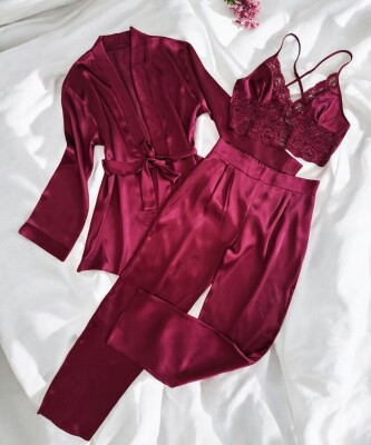 Rosabella 3 lü Bordo Kadın Saten Gecelik Sabahlık Çeyiz Seti 6930 - ÇeyizeDairHerşey