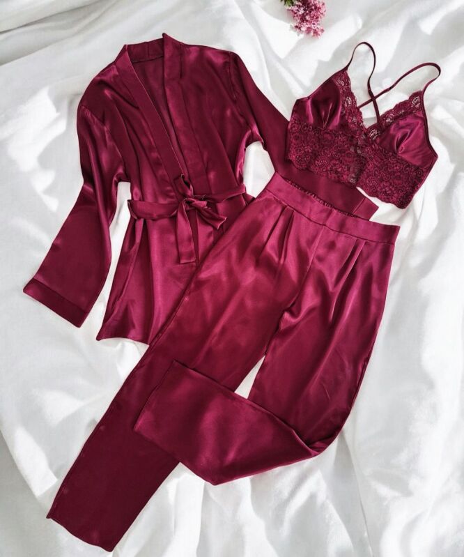 Rosabella 3 lü Bordo Kadın Saten Gecelik Sabahlık Çeyiz Seti 6930 - 1