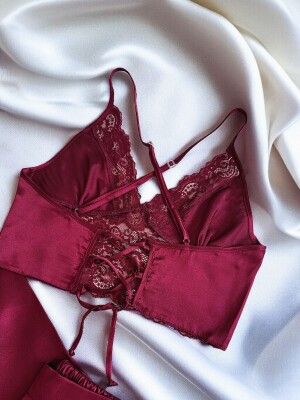 Rosabella 3 lü Bordo Kadın Saten Gecelik Sabahlık Çeyiz Seti 6930 - 3