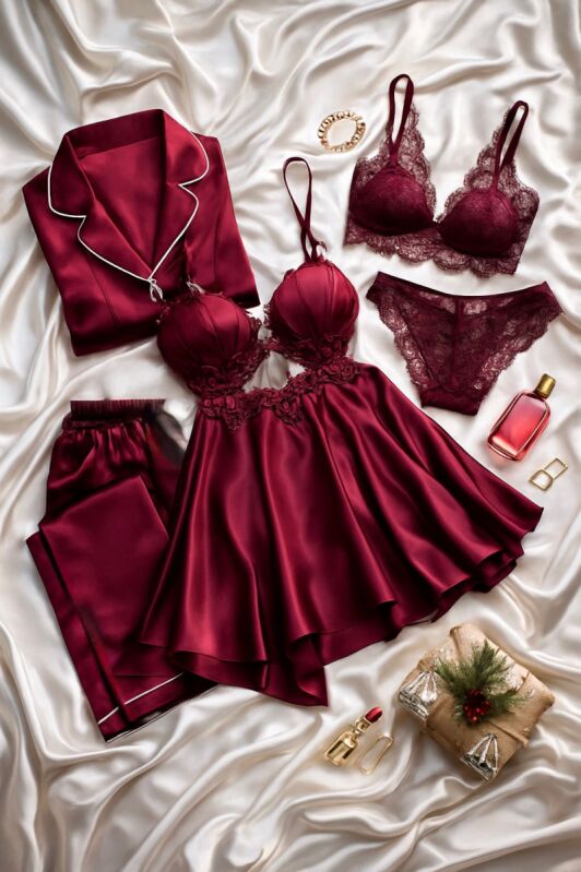 Satin Elegance Bordo 6’lı Dantel Gecelik & Pijama Seti 7072 - 1