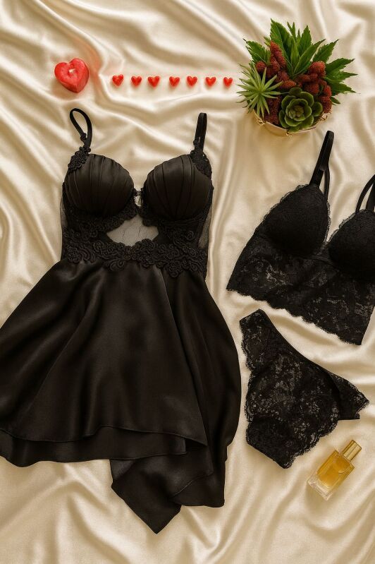 Satin Elegance Siyah 6’lı Dantel Gecelik & Pijama Seti 7026 - 2