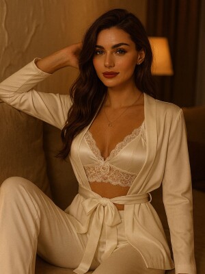 SÉVRA Dantel Detaylı Saten 3 lü Pijama Takımı - ÇeyizeDairHerşey