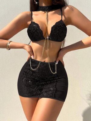 Siyah Boyunluk Zincir Detaylı Etek Takım 7138 - ÇeyizeDairHerşey