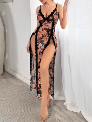  Siyah Gül Rüyası Iki Parça Askılı Uzun Seksi Gecelik Takımı 7073 - ÇeyizeDairHerşey