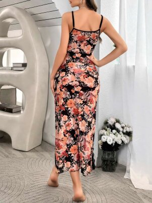  Siyah Gül Rüyası Iki Parça Askılı Uzun Seksi Gecelik Takımı 7073 - ÇeyizeDairHerşey (1)