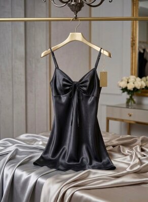 Siyah Saten Fiyonk Detaylı Askılı Gecelik – Şık ve Mini Nightdress - ÇeyizeDairHerşey