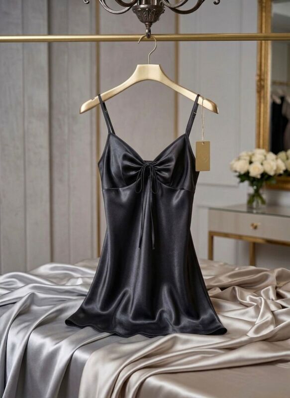 Siyah Saten Fiyonk Detaylı Askılı Gecelik – Şık ve Mini Nightdress - 1