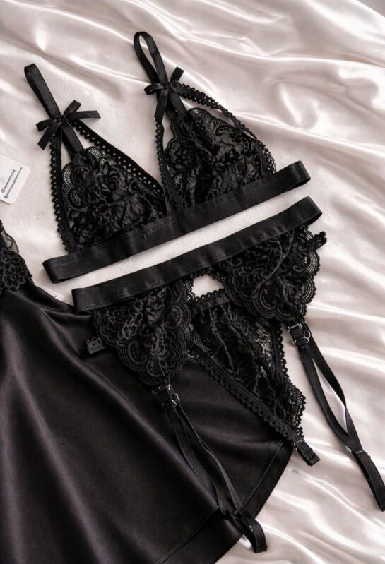 Siyah Saten Gecelik ve Iç Giyim Çeyiz Seti 6 Parça 7168 - 2