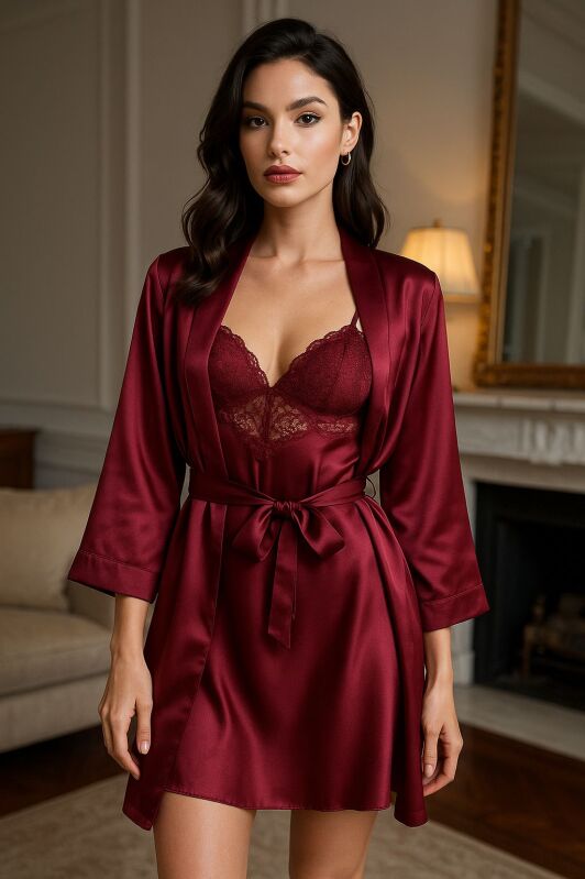 Veloura Desire – Bordo Saten Sabahlıklı Dantel Gecelik Seti 7013 - 1