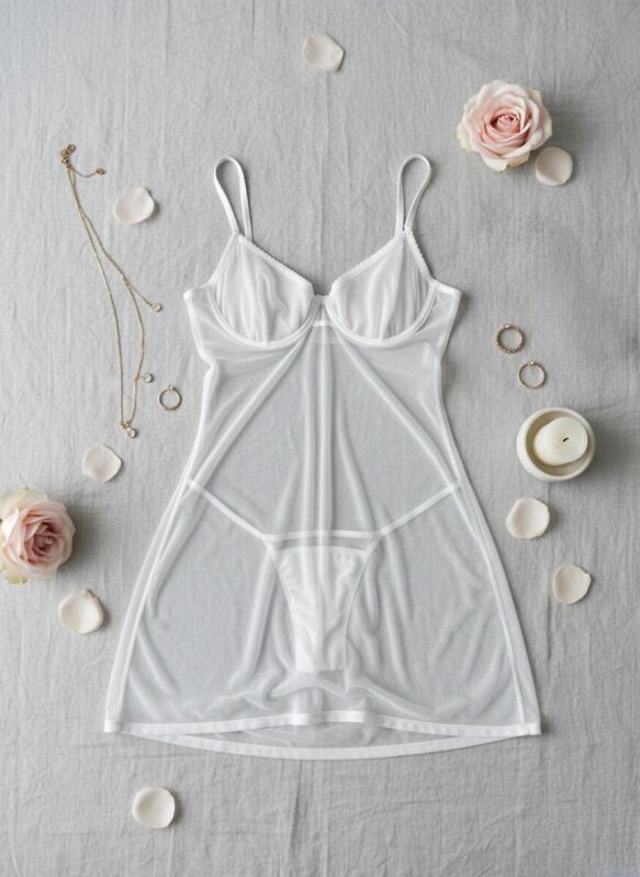 Vespera Arka Bağlama Detaylı Beyaz Tül Gecelik 7121 - 1