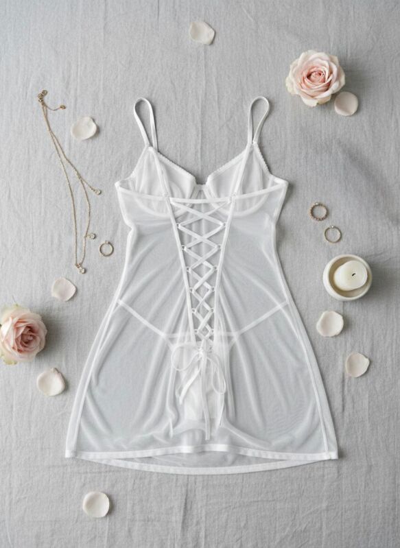 Vespera Arka Bağlama Detaylı Beyaz Tül Gecelik 7121 - 2