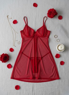 Vespera Arka Bağlama Detaylı Kırmızı Tül Gecelik 7119 - ÇeyizeDairHerşey