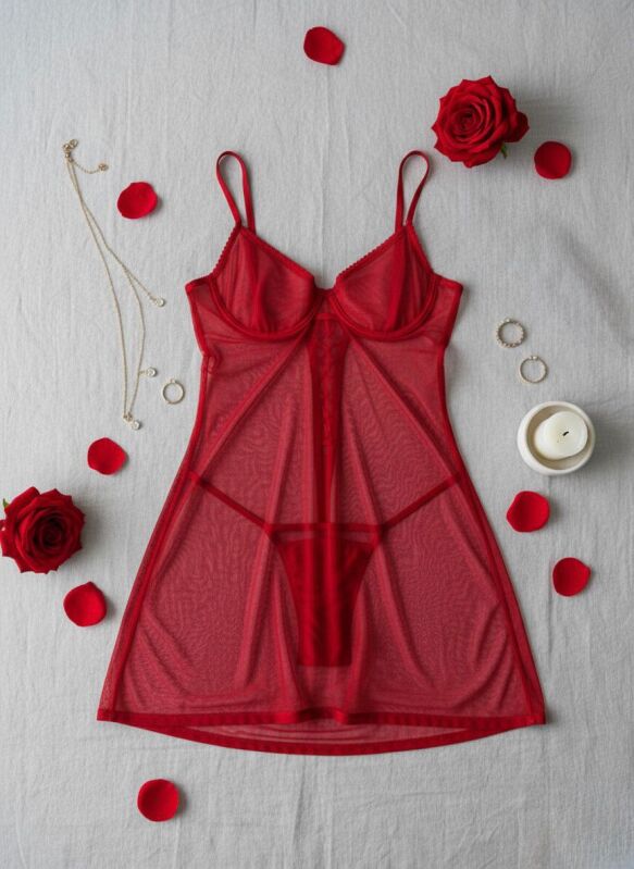 Vespera Arka Bağlama Detaylı Kırmızı Tül Gecelik 7119 - 1