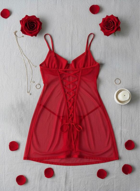 Vespera Arka Bağlama Detaylı Kırmızı Tül Gecelik 7119 - 2